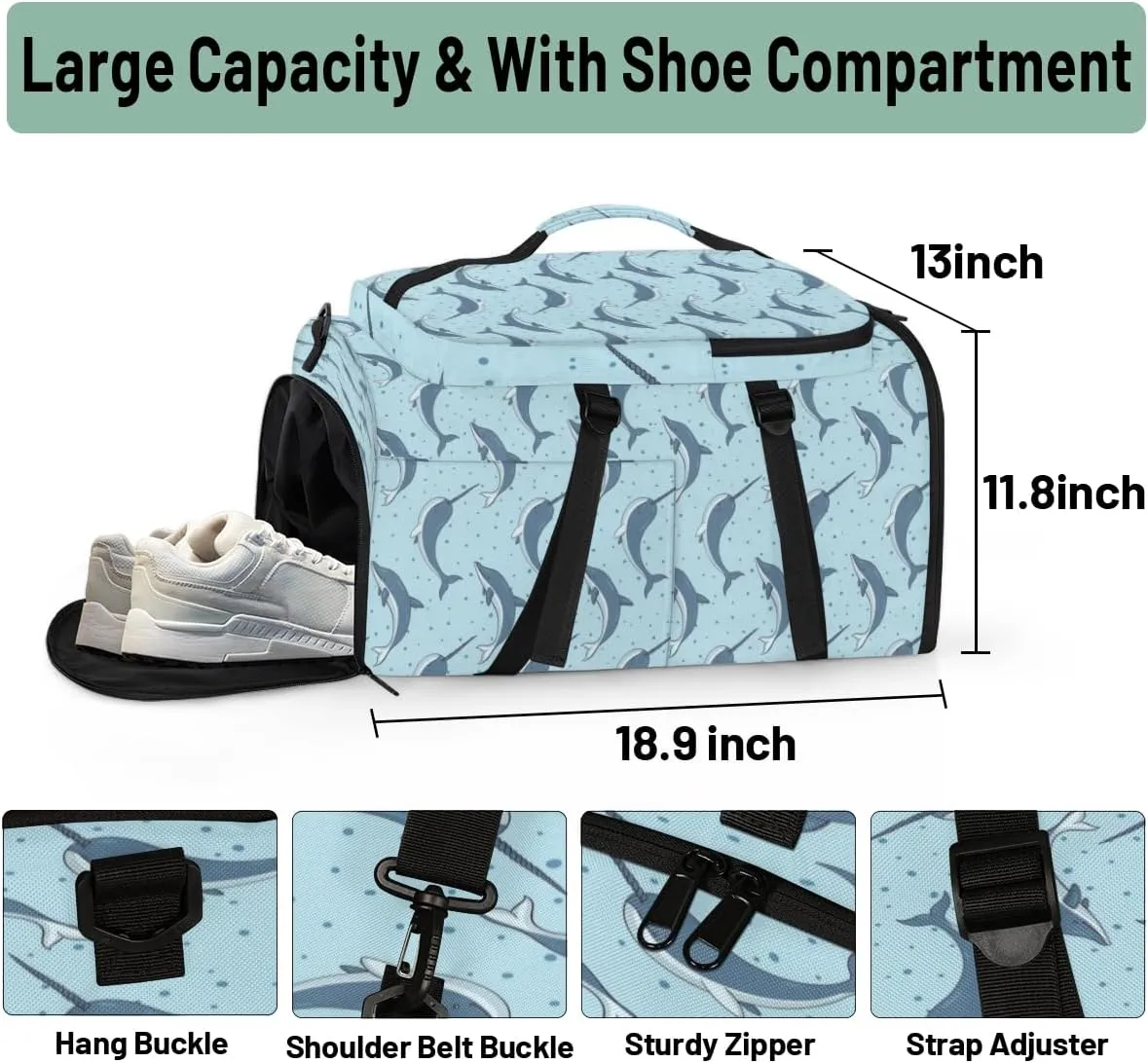 Large Sports Gym Bag With Shoe & Laptop Compartment 47L Waterproof Travel Duffel Bags for Men Women Dolphin Print Luggage Backpack Duffle Bag