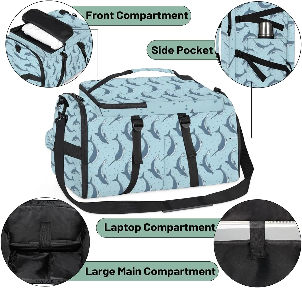 Large Sports Gym Bag With Shoe & Laptop Compartment 47L Waterproof Travel Duffel Bags for Men Women Dolphin Print Luggage Backpack Duffle Bag