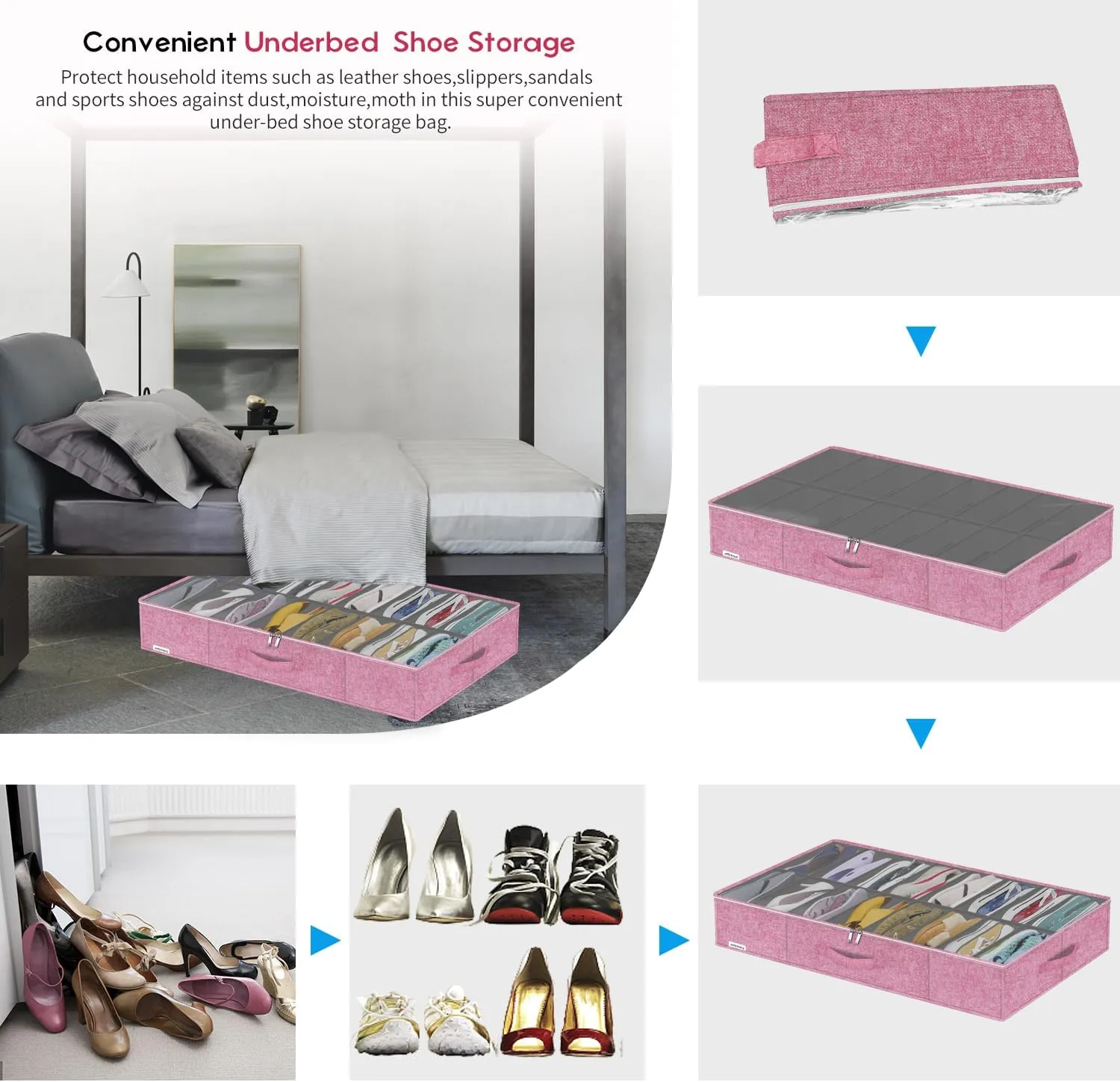 Large Sturdy Shoe Storage Box, Clear Closet Underbed Shoe Organizer, Folding Shoe Rack Bin Holder Container Display Case, 16x2 Pairs, Cotton-like Pink, ZMXPUBS16P2