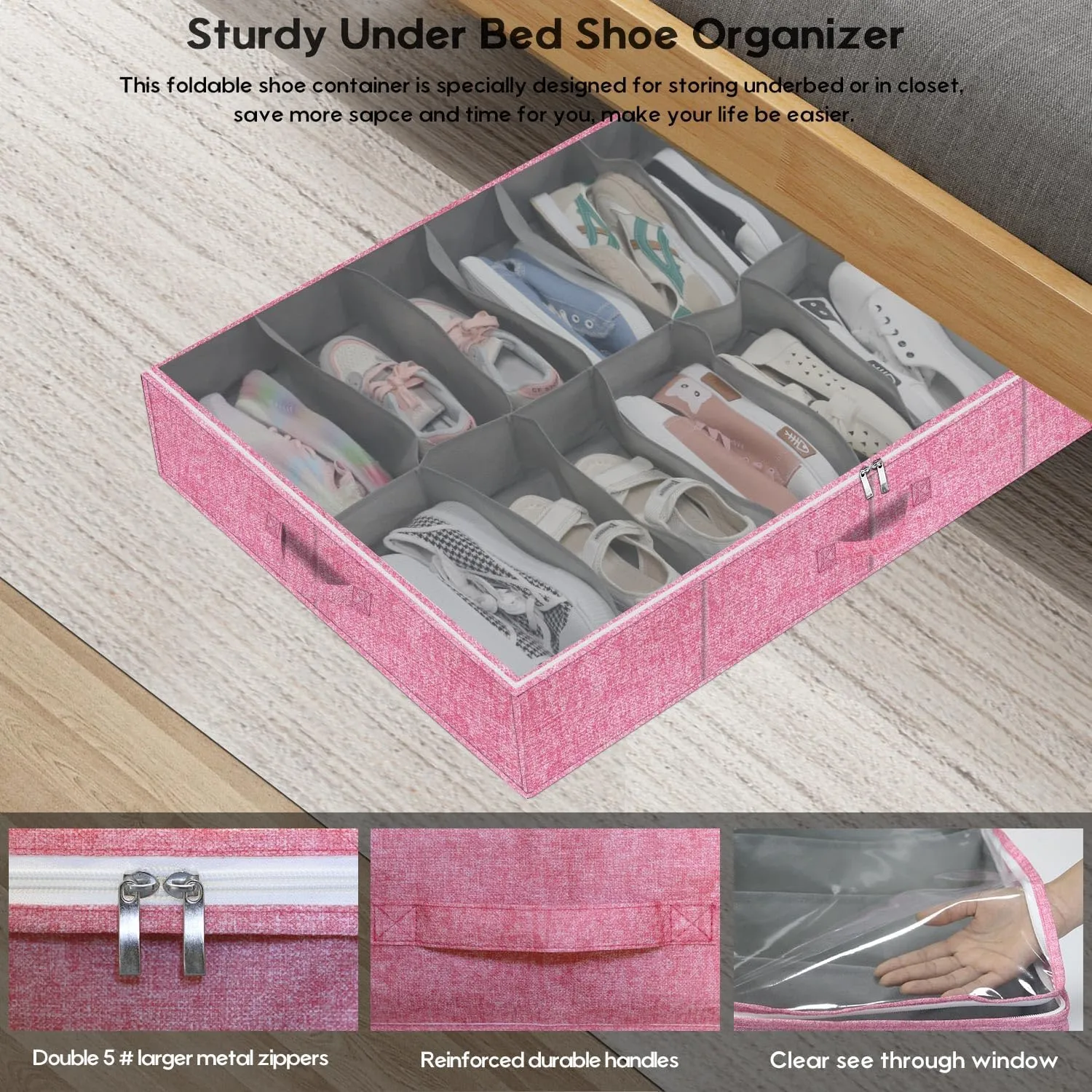 Large Sturdy Shoe Storage Box, Clear Closet Underbed Shoe Organizer, Folding Shoe Rack Bin Holder Container Display Case, 16x2 Pairs, Cotton-like Pink, ZMXPUBS16P2