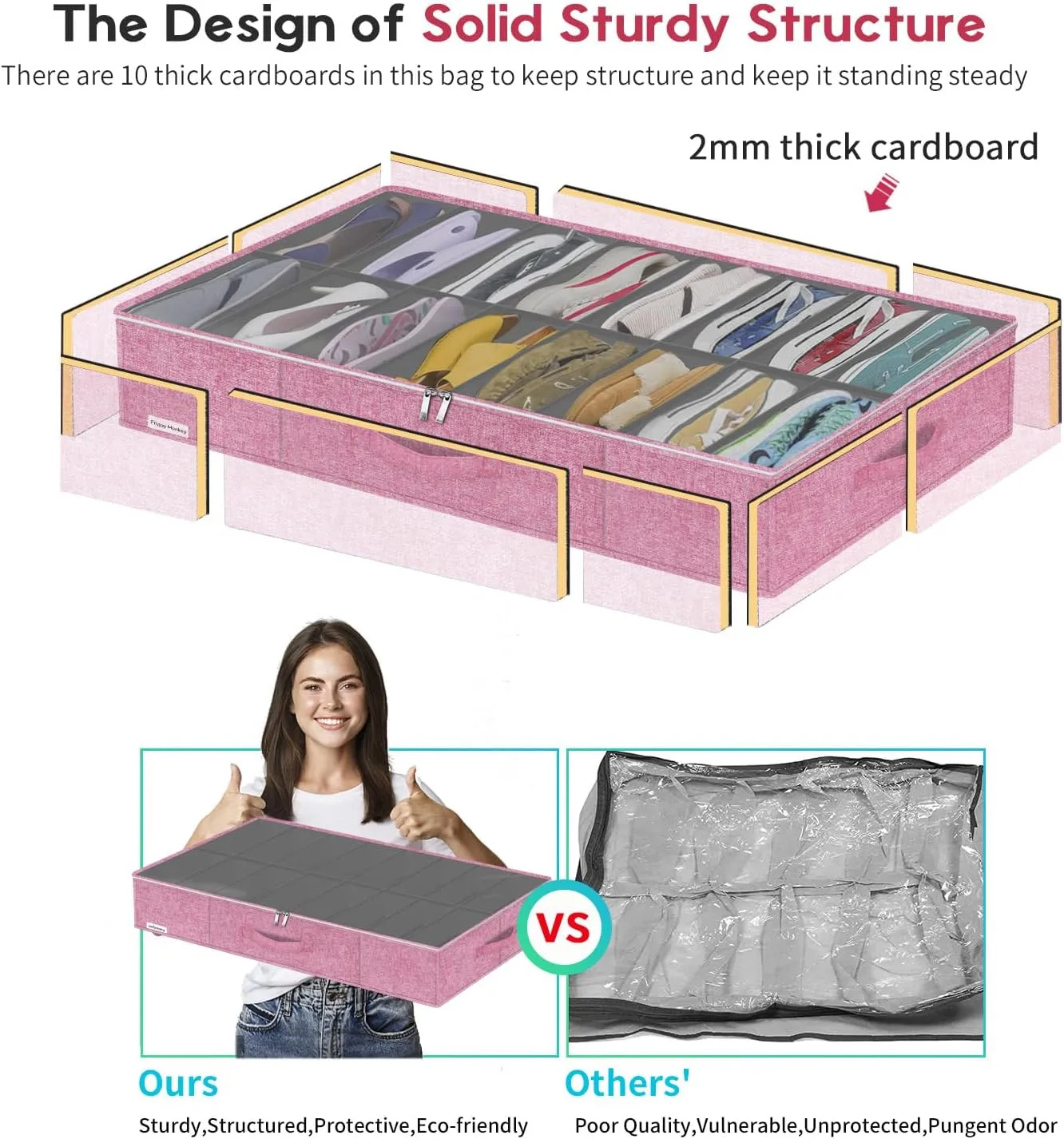 Large Sturdy Shoe Storage Box, Clear Closet Underbed Shoe Organizer, Folding Shoe Rack Bin Holder Container Display Case, 16x2 Pairs, Cotton-like Pink, ZMXPUBS16P2