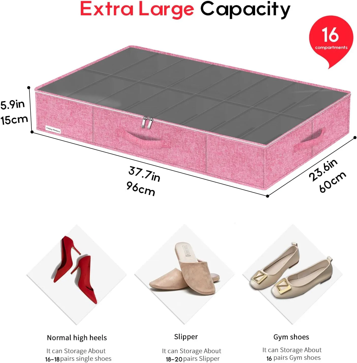 Large Sturdy Shoe Storage Box, Clear Closet Underbed Shoe Organizer, Folding Shoe Rack Bin Holder Container Display Case, 16x2 Pairs, Cotton-like Pink, ZMXPUBS16P2