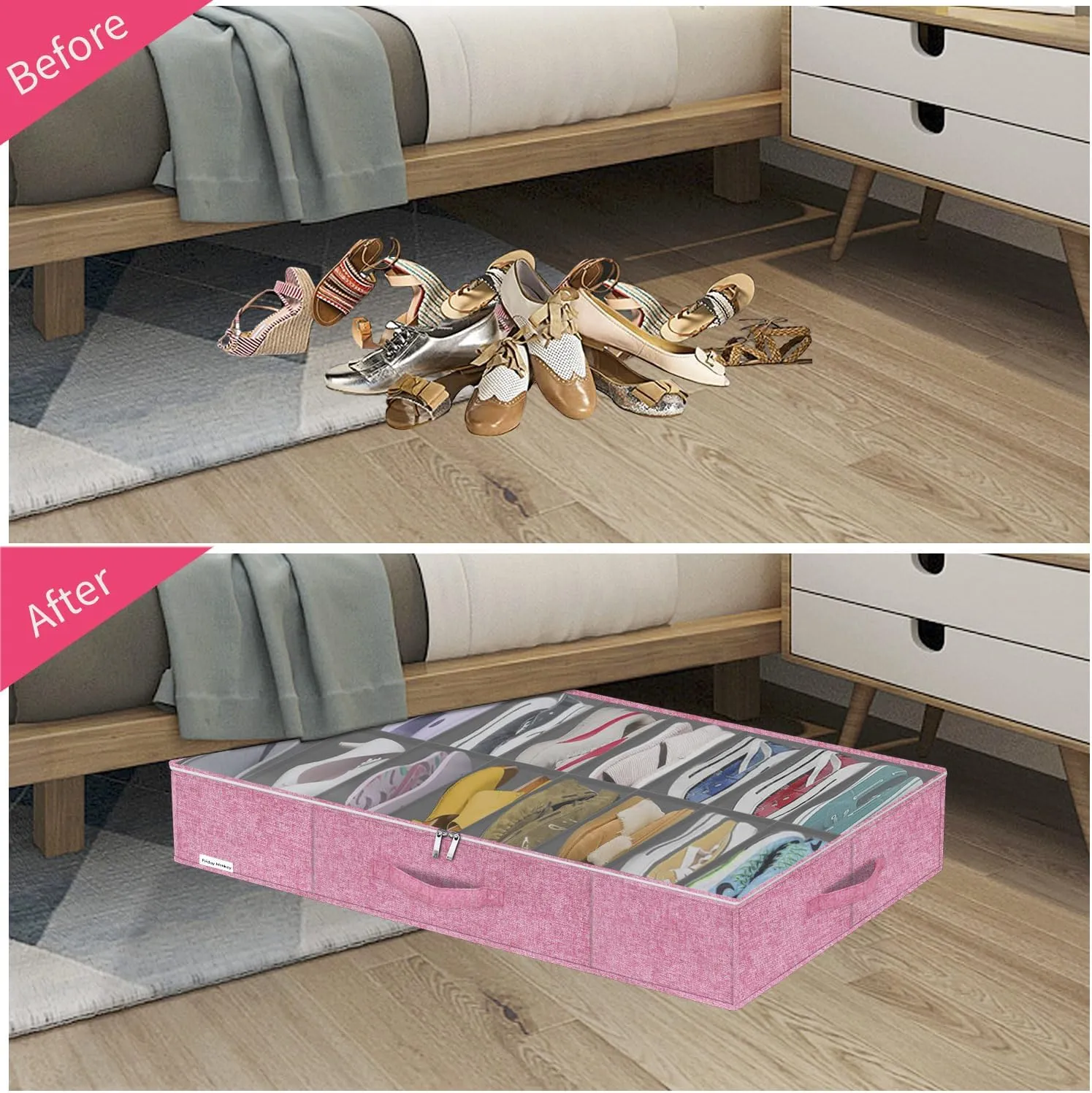 Large Sturdy Shoe Storage Box, Clear Closet Underbed Shoe Organizer, Folding Shoe Rack Bin Holder Container Display Case, 16x2 Pairs, Cotton-like Pink, ZMXPUBS16P2