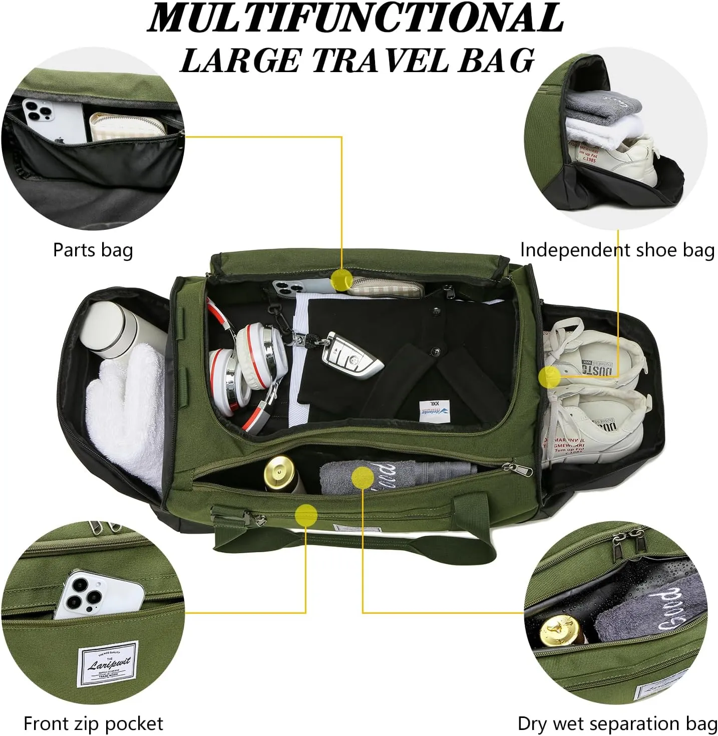 Laripwit Gym Bags for Men, 40L Medium Sports Travel Duffel Bag with Shoe Compartment & Wet Pocket Lightweight Gym Duffle Bag Backpack Multipurpose Weekender Overnight Backpack for Women, Green