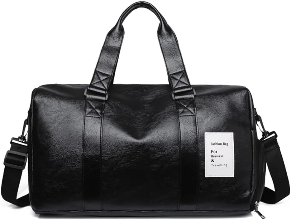 Leather Gym Bag Travel Duffel Bag With Shoe Compartment, Fashion Waterproof Duffel Bag Carry On Tote Weekender Overnight Bag, Large Capacity Carry On Duffel Bag For Men Women (Black)