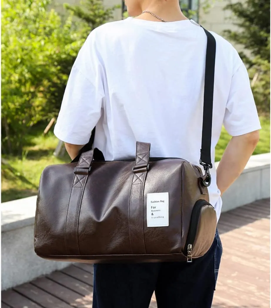 Leather Gym Bag Travel Duffel Bag With Shoe Compartment, Fashion Waterproof Travel Duffle Bag Carry On Tote Weekender Overnight Bag, Large Capacity Carry On Duffel Bag For Men Women (Brown)