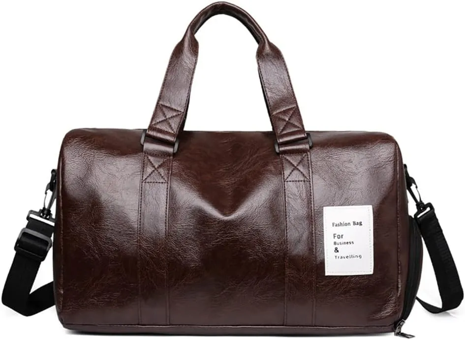 Leather Gym Bag Travel Duffel Bag With Shoe Compartment, Fashion Waterproof Travel Duffle Bag Carry On Tote Weekender Overnight Bag, Large Capacity Carry On Duffel Bag For Men Women (Brown)