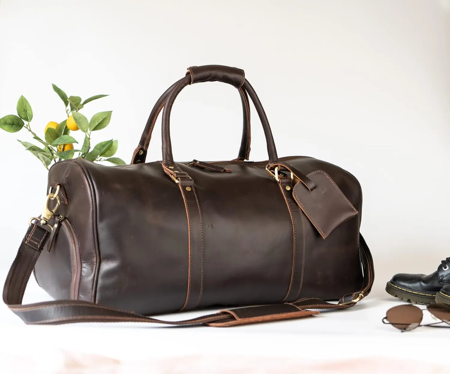 Leather Travel Duffel Bag, 22"Leather Weekender Bag with Shoe Compartment, Handmade Waterproof Duffel Bag for Men&Women, Weekender Overnight Bag with Shoe Pouch (3 Dark Brown)