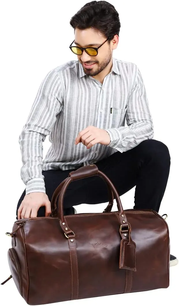 Leather Travel Duffel Bag, 22"Leather Weekender Bag with Shoe Compartment, Handmade Waterproof Duffel Bag for Men&Women, Weekender Overnight Bag with Shoe Pouch (3 Dark Brown)