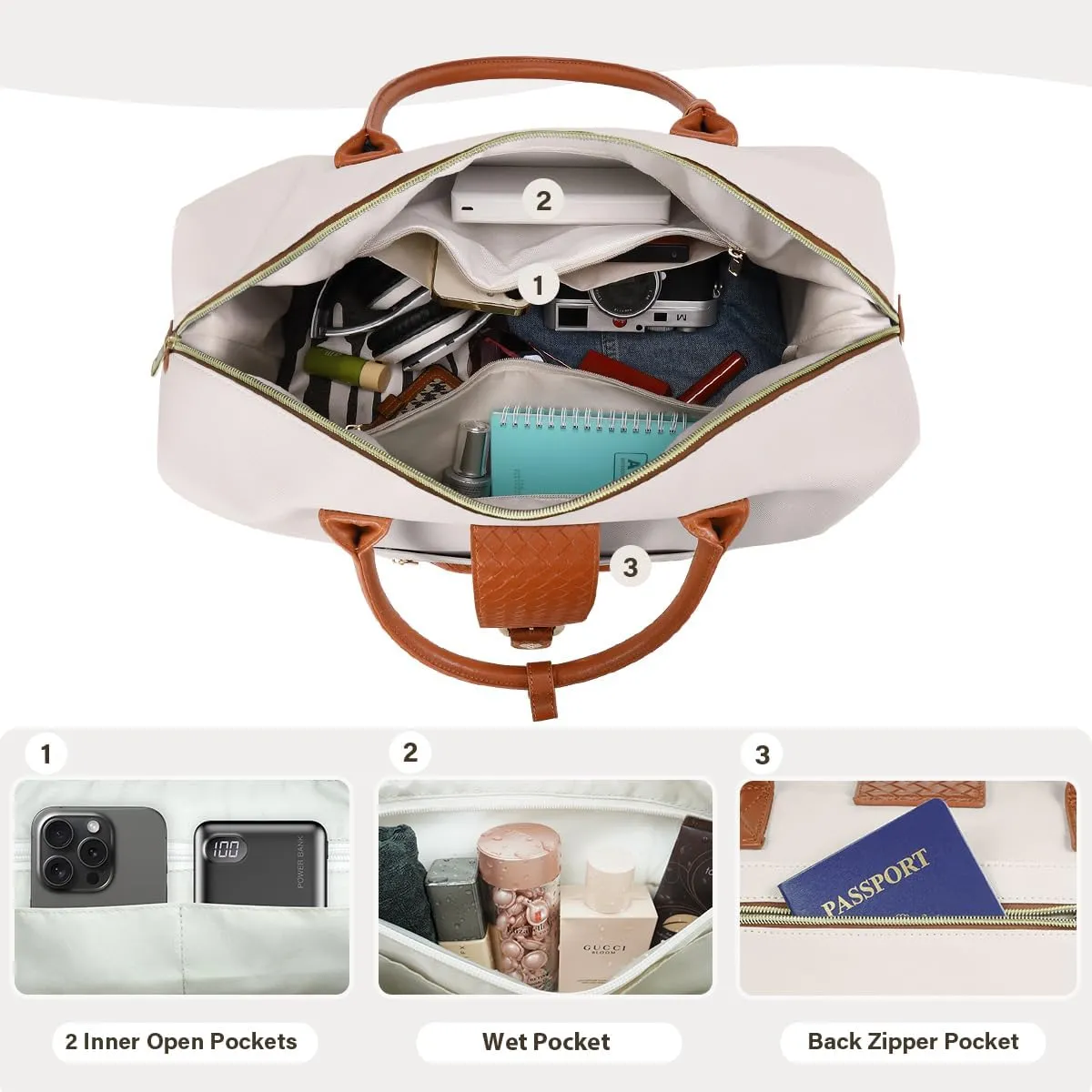 Leather Weekender Bags for Women, Travel Duffel Bag PU Overnight Bag Carry On Tote Bag with Shoe Compartment Wet Pocket