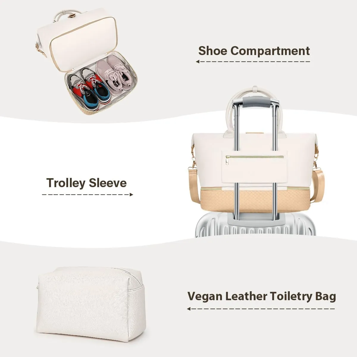 Leather Weekender Bags for Women, Travel Duffel Bag PU Overnight Bag Carry On Tote Bag with Shoe Compartment Wet Pocket