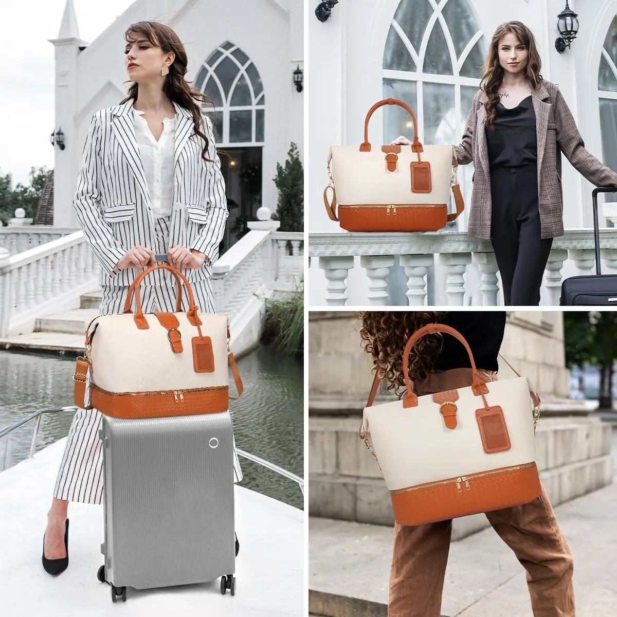 Leather Weekender Bags for Women, Travel Duffel Bag PU Overnight Bag Carry On Tote Bag with Shoe Compartment Wet Pocket