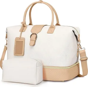 Leather Weekender Bags for Women, Travel Duffel Bag PU Overnight Bag Carry On Tote Bag with Shoe Compartment Wet Pocket