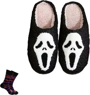 LELEBEAR Scream Ghostface Slippers, Ghost Face Slippers, Spooky Slides for Women Men, Fluffy Cozy Indoor Outdoor House Shoes