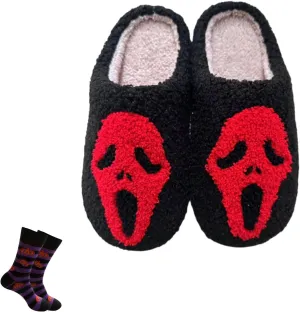 LELEBEAR Scream Ghostface Slippers, Ghost Face Slippers, Spooky Slides for Women Men, Fluffy Cozy Indoor Outdoor House Shoes