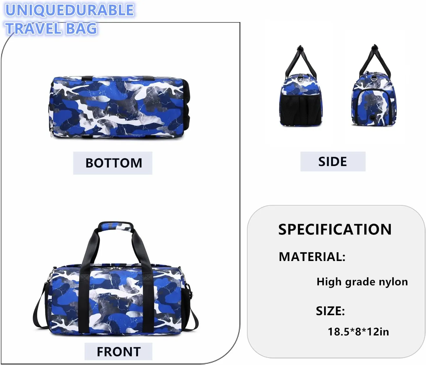 Lmwzh Travel Duffle Gym Sports Bag Dance Weekender Overnight Cheer Suitable For Kids Teen And Adults With Shoe Compartment Wet Pocket (Blue)