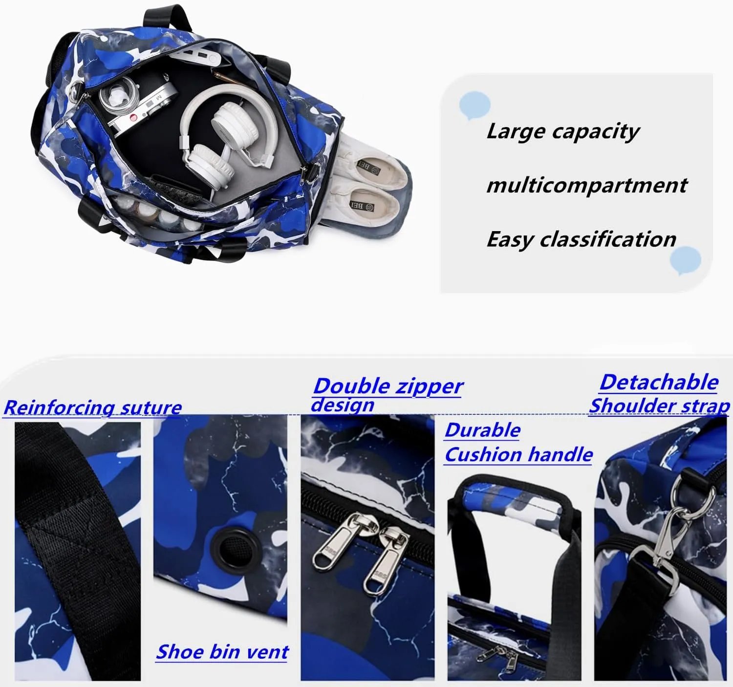 Lmwzh Travel Duffle Gym Sports Bag Dance Weekender Overnight Cheer Suitable For Kids Teen And Adults With Shoe Compartment Wet Pocket (Blue)