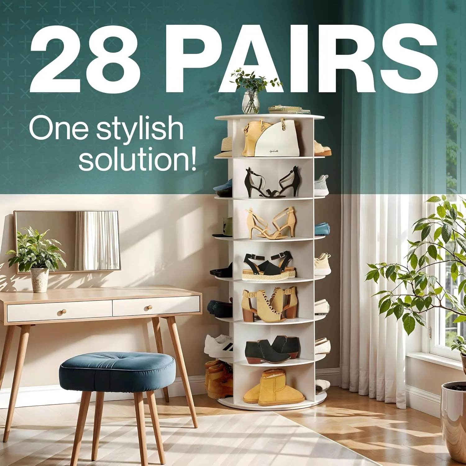LOFT   IVY 7 Tier Rotating Shoe Rack Tower – 360° Spinning Storage Organizer, Modern Round Shoe Carousel for Closet, Entryway, Bedroom – Space Saving Rotating Lazy Susan Storage Tower