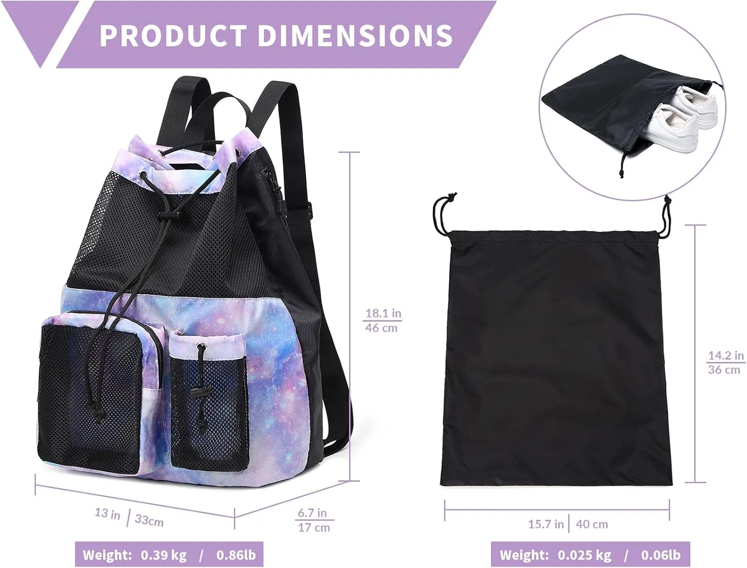 Lohol Large Mesh Drawstring Backpack with Shoe Bag, Durable Swimming String Sack with Handle for Sports Gym Yoga Beach Travel
