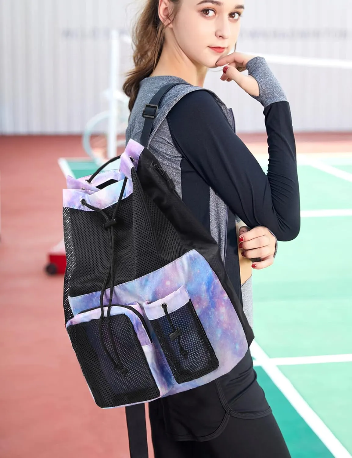 Lohol Large Mesh Drawstring Backpack with Shoe Bag, Durable Swimming String Sack with Handle for Sports Gym Yoga Beach Travel