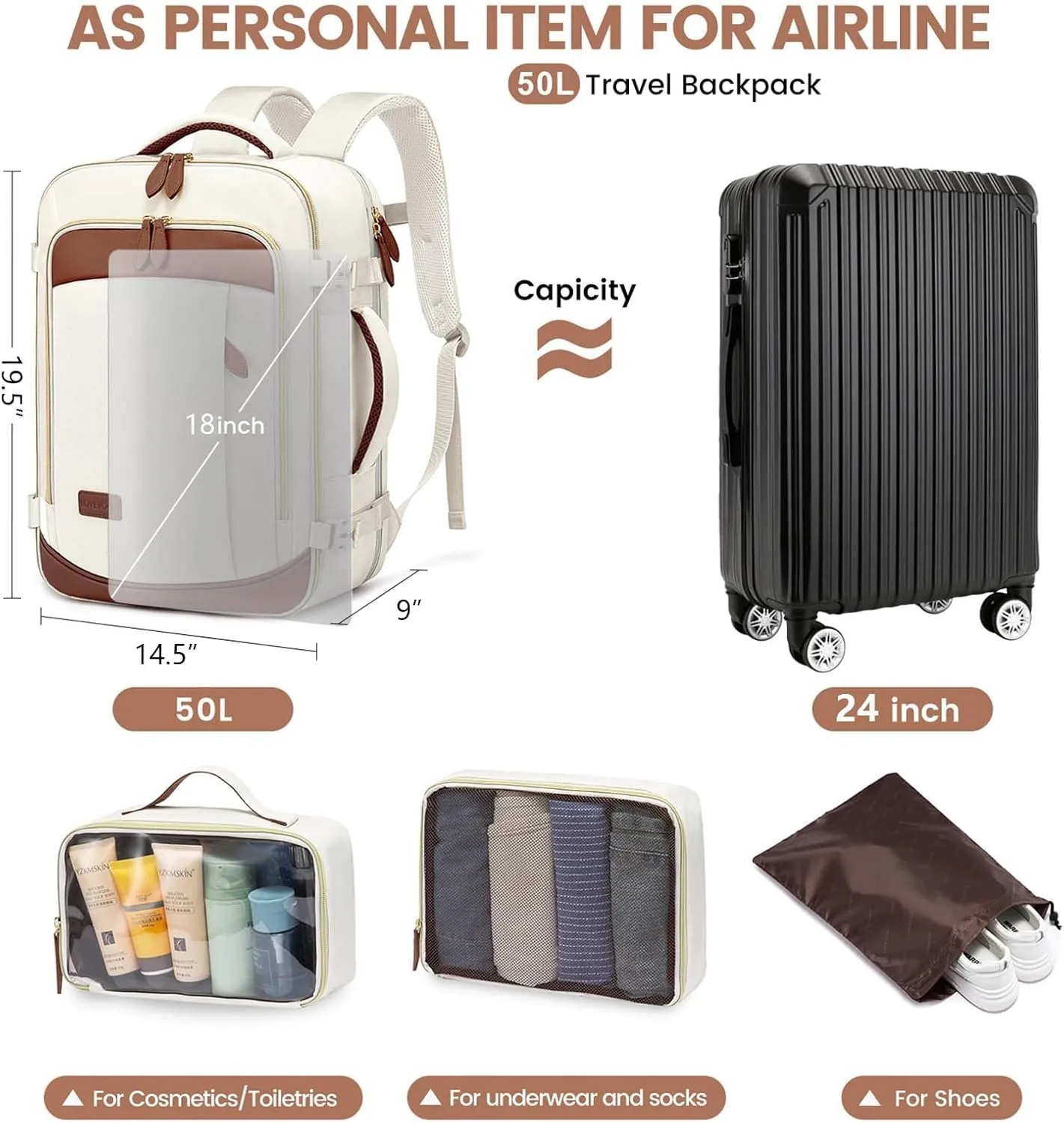 LOVEVOOK Travel Backpack Carry On Airline Approved, 50L Large Backpack with 3 Packing Cubes, TSA Travel Essentials Carry On Bag, Waterproof Weekender Overnight Luggage Daypack, Fits 18 Inch Laptop