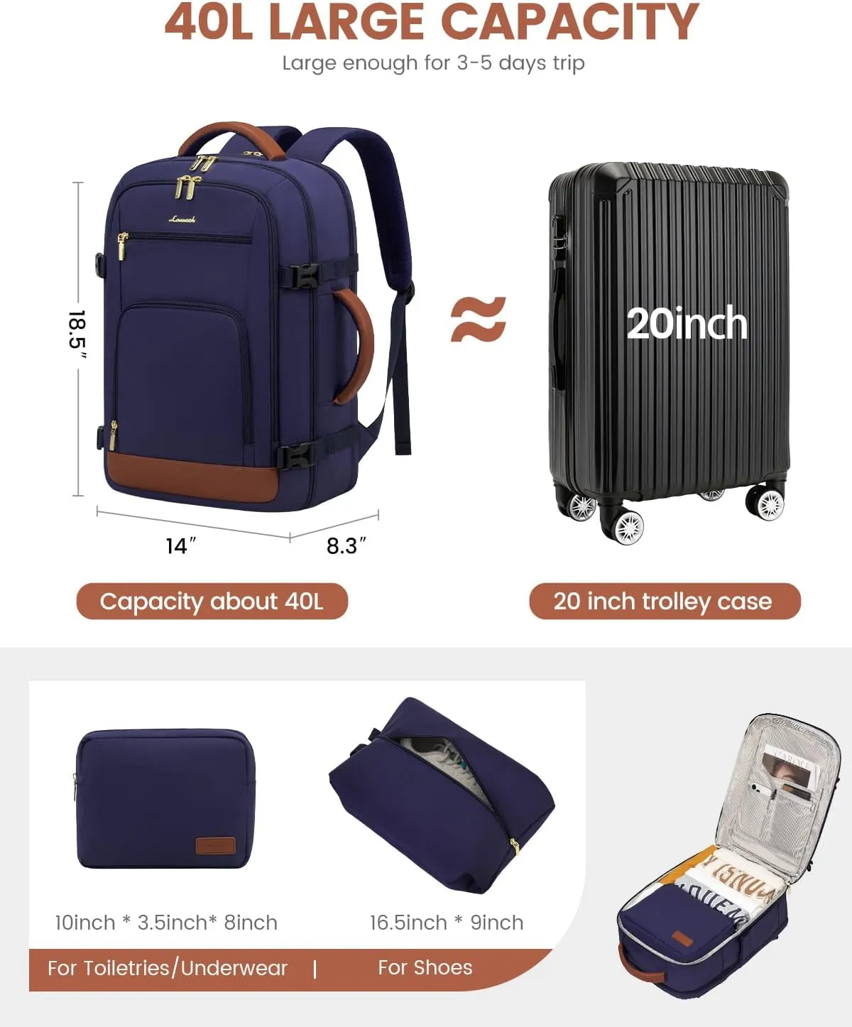 LOVEVOOK Travel Backpack For Women Flight Approved, 40L Large Carry On Backpack, Personal Item Travel Bag for Airplanes, Business 17 Inch Laptop Backpack, Weekender Overnight Daypack, With 2 Cubes