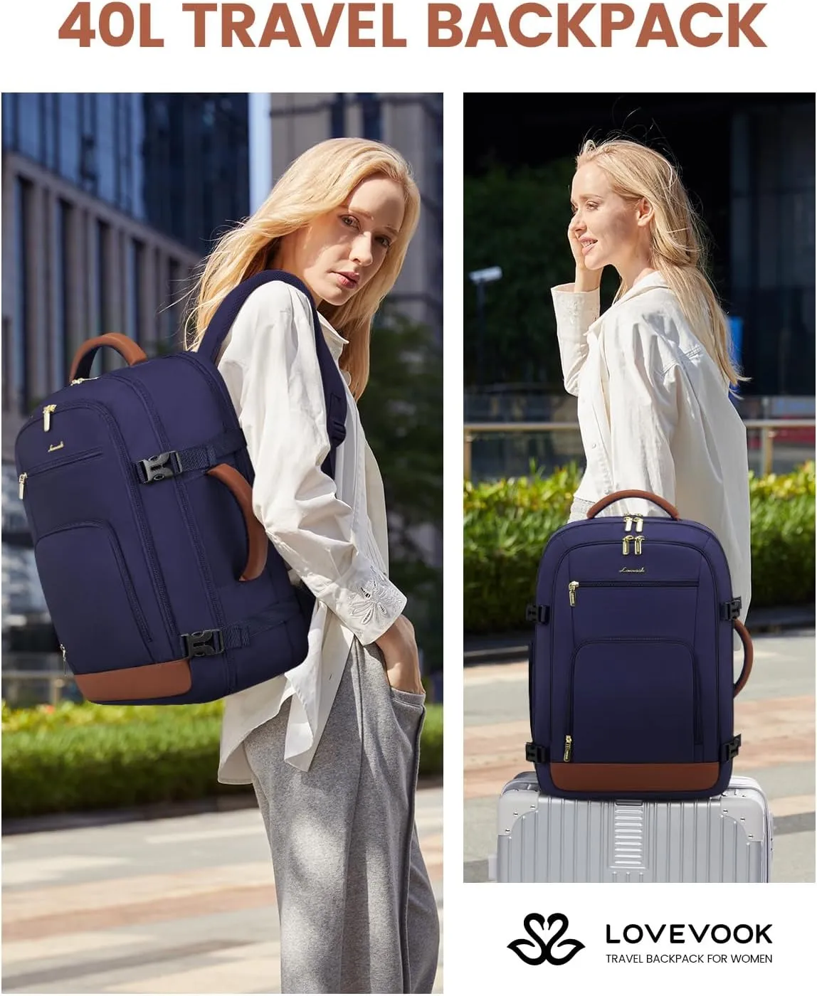 LOVEVOOK Travel Backpack For Women Flight Approved, 40L Large Carry On Backpack, Personal Item Travel Bag for Airplanes, Business 17 Inch Laptop Backpack, Weekender Overnight Daypack, With 2 Cubes
