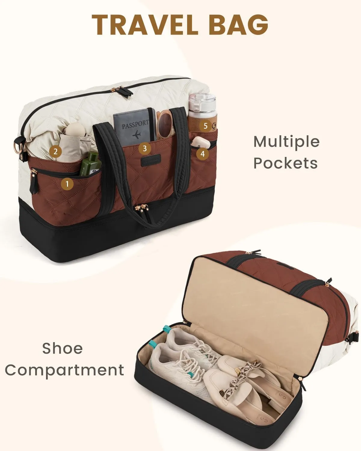 LOVEVOOK Travel Duffle Bag, Lightweight Weekender Bags for Women with Shoe Compartment, Puffer Gym Bag Personal Item Travel Bag, Quilted Carry On Overnight Bags and Hospital Bag for Labor and Delivery