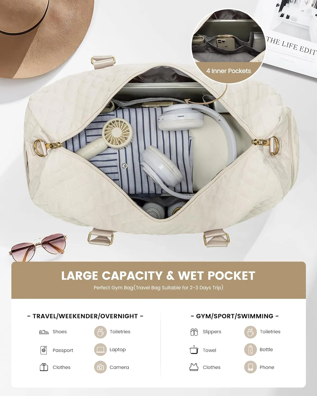 LOVEVOOK Travel Duffle Bag, Weekender Bag for Women with Toiletry Bag, Carry on Overnight Bag with Shoe Compartment, Gym Duffel Bag with Wet Pocket, Mommy Hospital Bags for Labor and Delivery