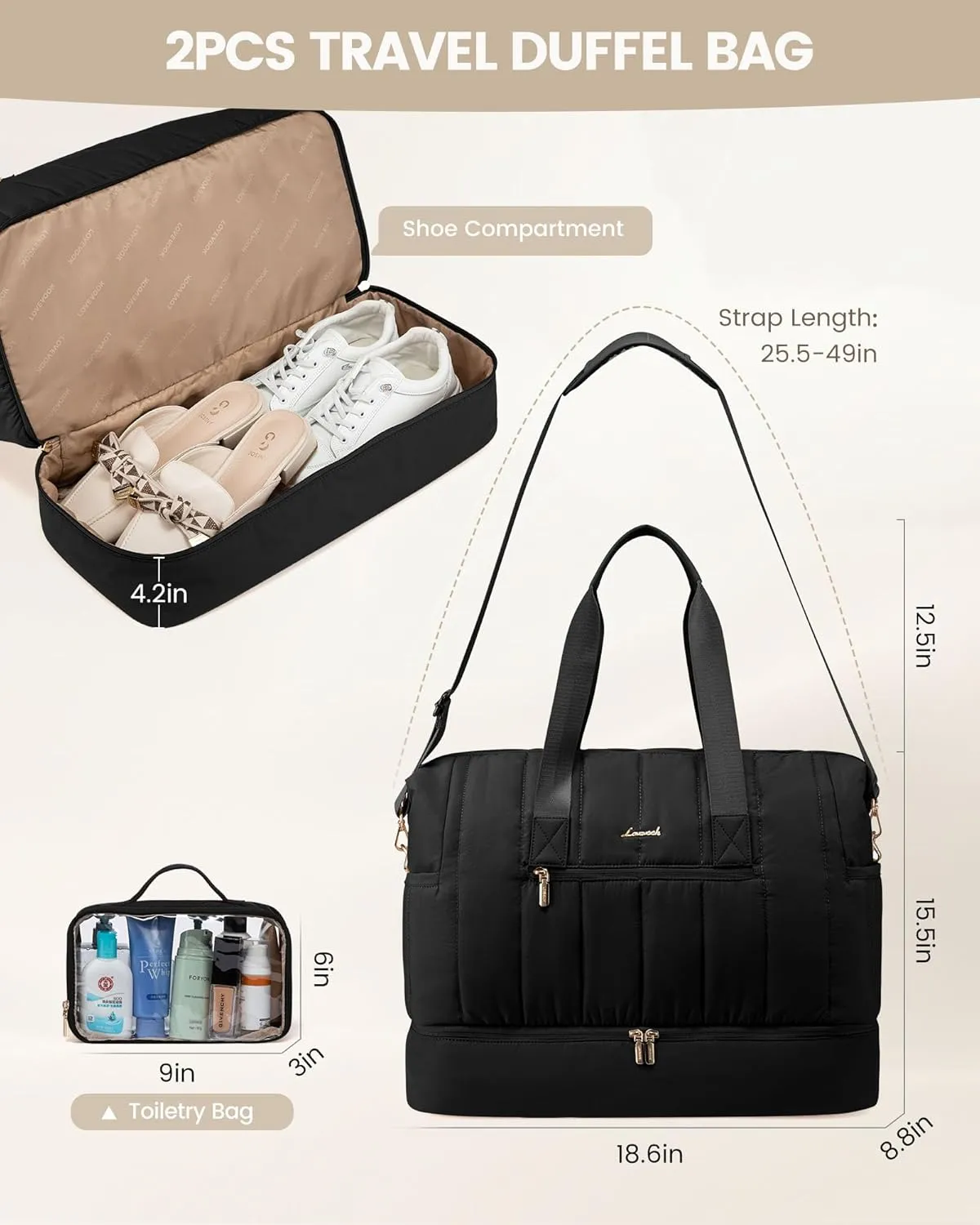 LOVEVOOK Travel Duffle Bag,Puffer Weekender Bags For Women with Shoe Compartment,42L Carry On Duffel Bags For Airplanes,Hospital Bag for Labor and Delivery,Overnight Bag With Toiletry Bag,2Pcs Set
