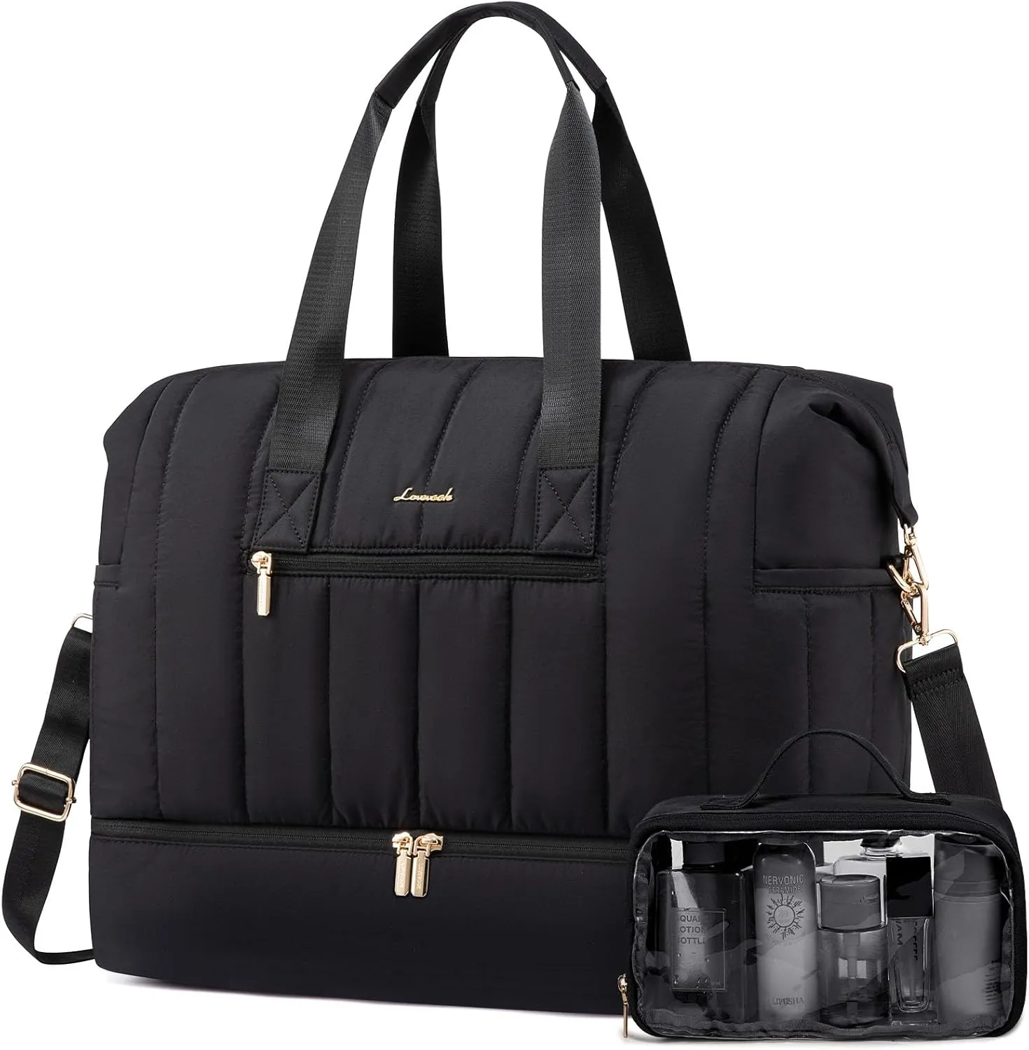 LOVEVOOK Travel Duffle Bag,Puffer Weekender Bags For Women with Shoe Compartment,42L Carry On Duffel Bags For Airplanes,Hospital Bag for Labor and Delivery,Overnight Bag With Toiletry Bag,2Pcs Set