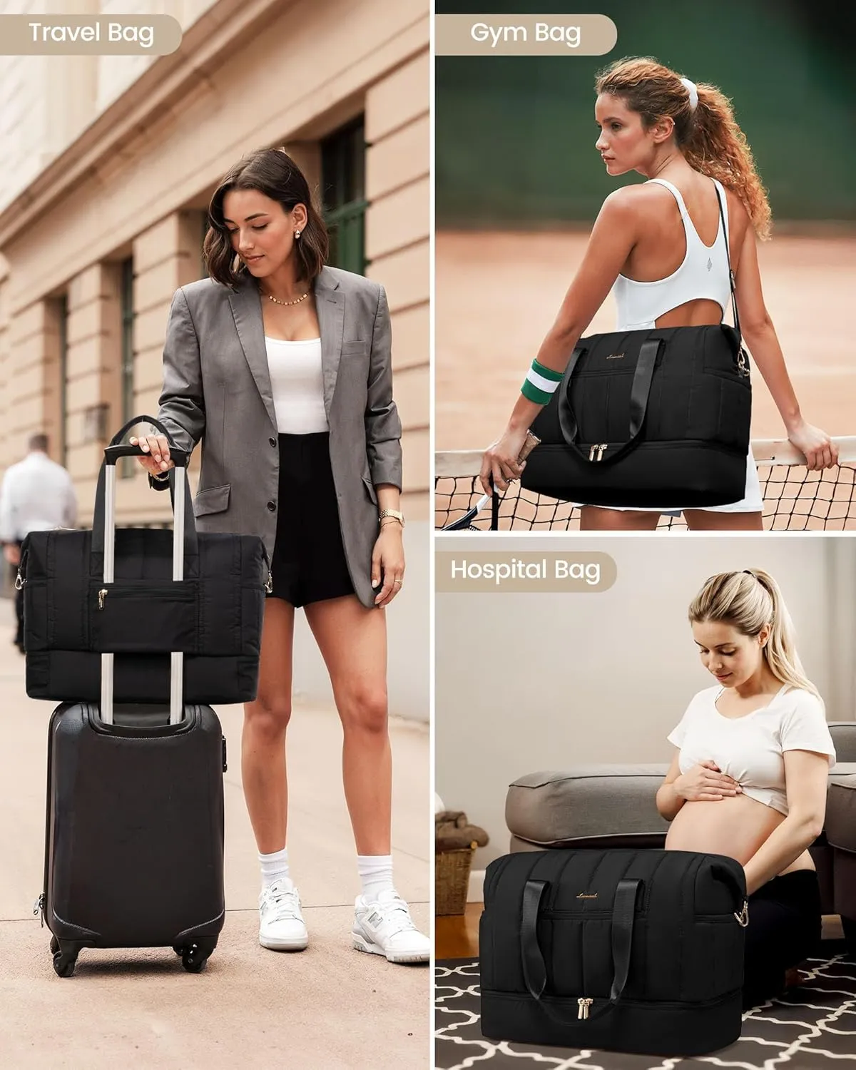 LOVEVOOK Travel Duffle Bag,Puffer Weekender Bags For Women with Shoe Compartment,42L Carry On Duffel Bags For Airplanes,Hospital Bag for Labor and Delivery,Overnight Bag With Toiletry Bag,2Pcs Set