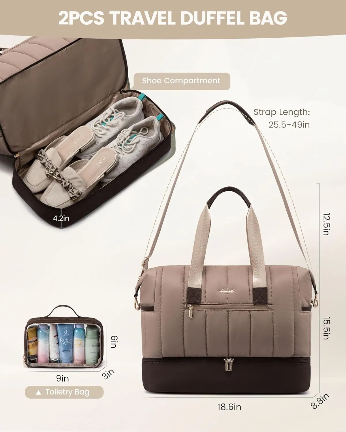 LOVEVOOK Travel Duffle Bag,Puffer Weekender Bags For Women with Shoe Compartment,42L Carry On Duffel Overnight Bags For Airplanes,Hospital Bag for Labor and Delivery,2Pcs Set