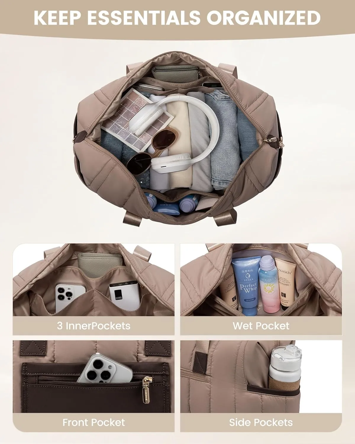 LOVEVOOK Travel Duffle Bag,Puffer Weekender Bags For Women with Shoe Compartment,42L Carry On Duffel Overnight Bags For Airplanes,Hospital Bag for Labor and Delivery,2Pcs Set