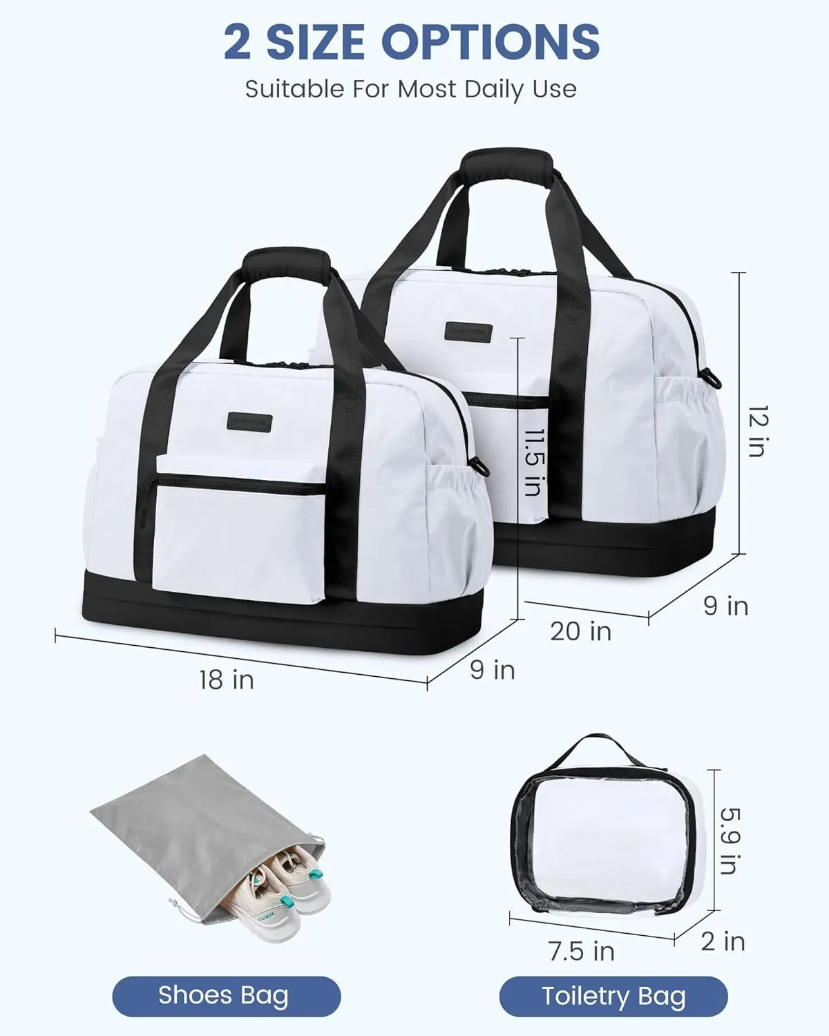 LOVEVOOK Weekender Bags for Women, Gym Bag with Shoe Compartment, Travel Duffel Bags with Toiletry Bag, Personal Item Tote Bag- Black and White
