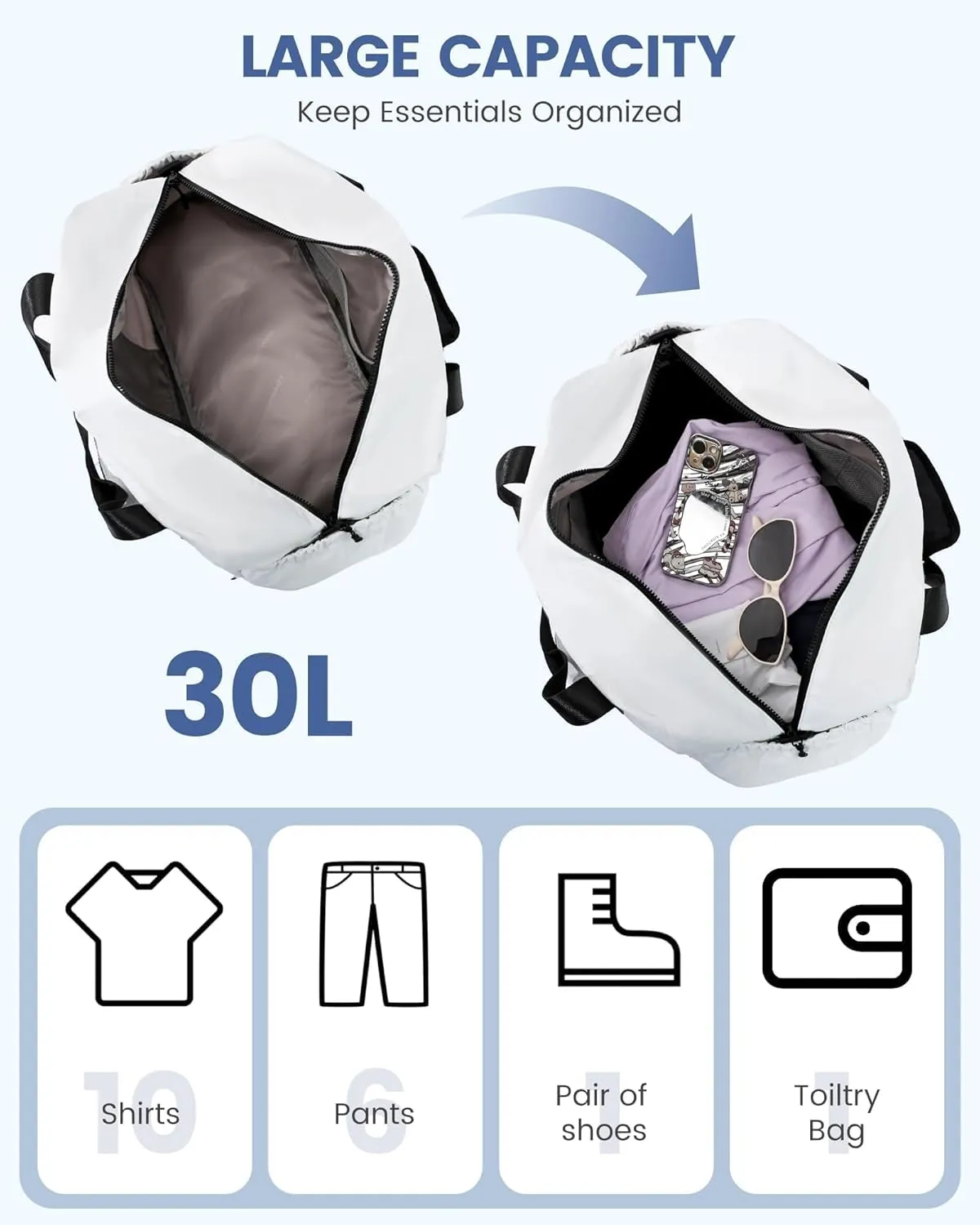 LOVEVOOK Weekender Bags for Women, Gym Bag with Shoe Compartment, Travel Duffel Bags with Toiletry Bag, Personal Item Tote Bag- Black and White
