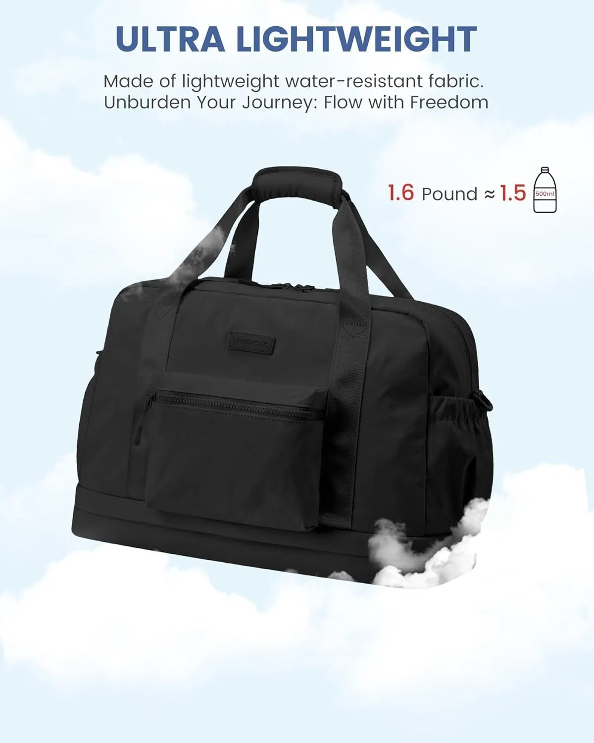 LOVEVOOK Weekender Bags for Women, Gym Bag with Shoe Compartment, Travel Duffel Bags with Toiletry Bag, Personal Item Tote Bag- Black