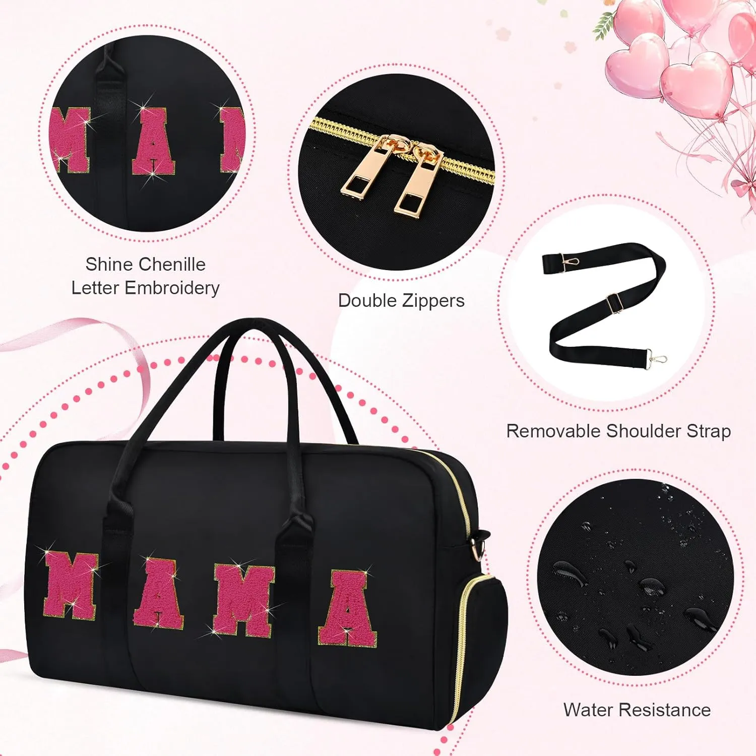 Mama Hospital Bag for Women Labor and Delivery Nylon Chenille Letter Embroidered Travel Duffle Overnight Weekender Bag with Shoes Compartment and Mothers Day Gifts Black-Hot Pink