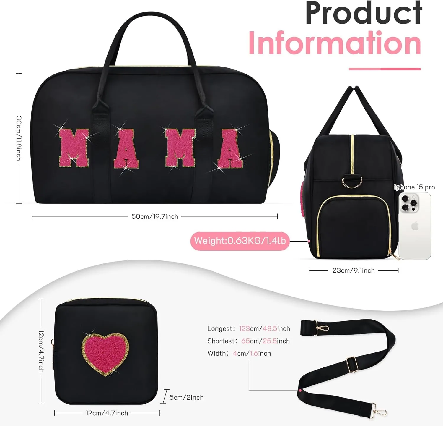 Mama Hospital Bag for Women Labor and Delivery Nylon Chenille Letter Embroidered Travel Duffle Overnight Weekender Bag with Shoes Compartment and Mothers Day Gifts Black-Hot Pink