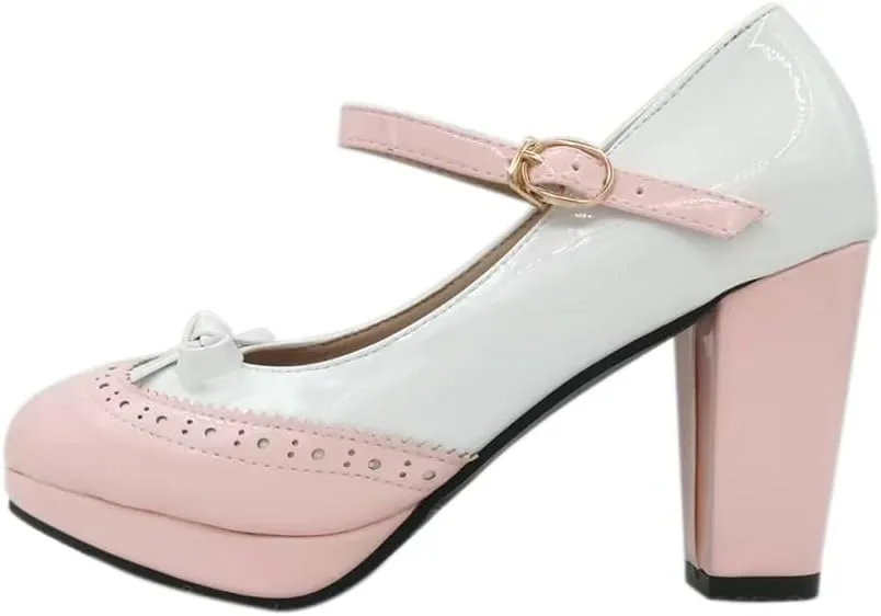 Mary Jane Heels for Women Lolita Pumps Platform Cute Comfy Bow Decor Mixed Colours JK Cosplay Strappy Shoes