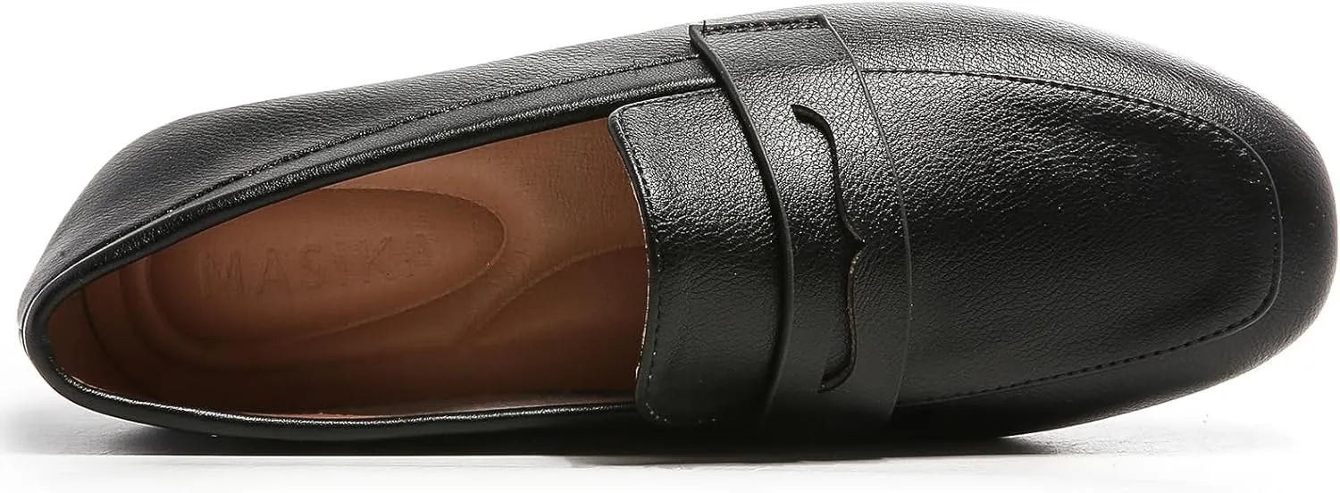MASIKA Women's Fashionable Loafers, Cowhide Soft Soled Loafers, Square Toe Minimalist Work Shoes, Flat Shoes, and White Penny Loafers.