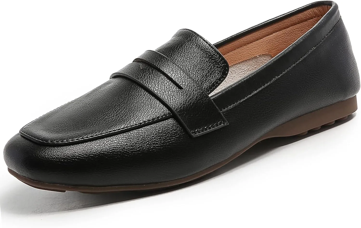 MASIKA Women's Fashionable Loafers, Cowhide Soft Soled Loafers, Square Toe Minimalist Work Shoes, Flat Shoes, and White Penny Loafers.
