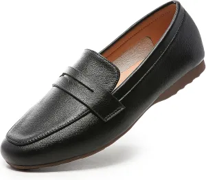 MASIKA Women's Fashionable Loafers, Cowhide Soft Soled Loafers, Square Toe Minimalist Work Shoes, Flat Shoes, and White Penny Loafers.