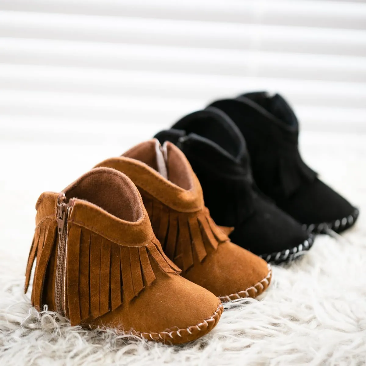 Meckior Baby Girls Cowboy Tassel Boots Side Zipper Moccasins Soft Bottom Non-Slip Toddler Shoe