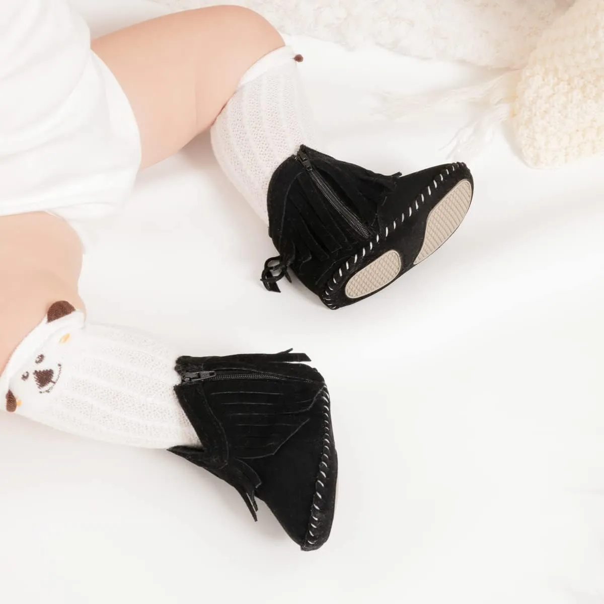 Meckior Baby Girls Cowboy Tassel Boots Side Zipper Moccasins Soft Bottom Non-Slip Toddler Shoe
