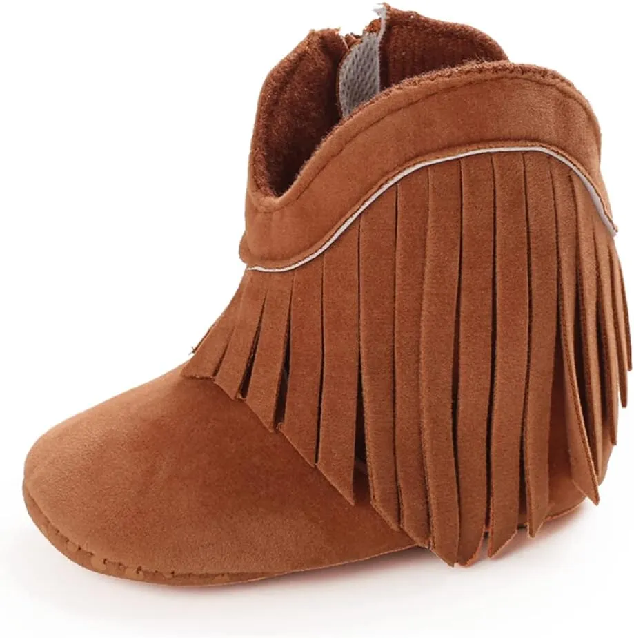 Meckior Baby Girls Cowboy Tassel Boots Side Zipper Moccasins Soft Bottom Non-Slip Toddler Shoe