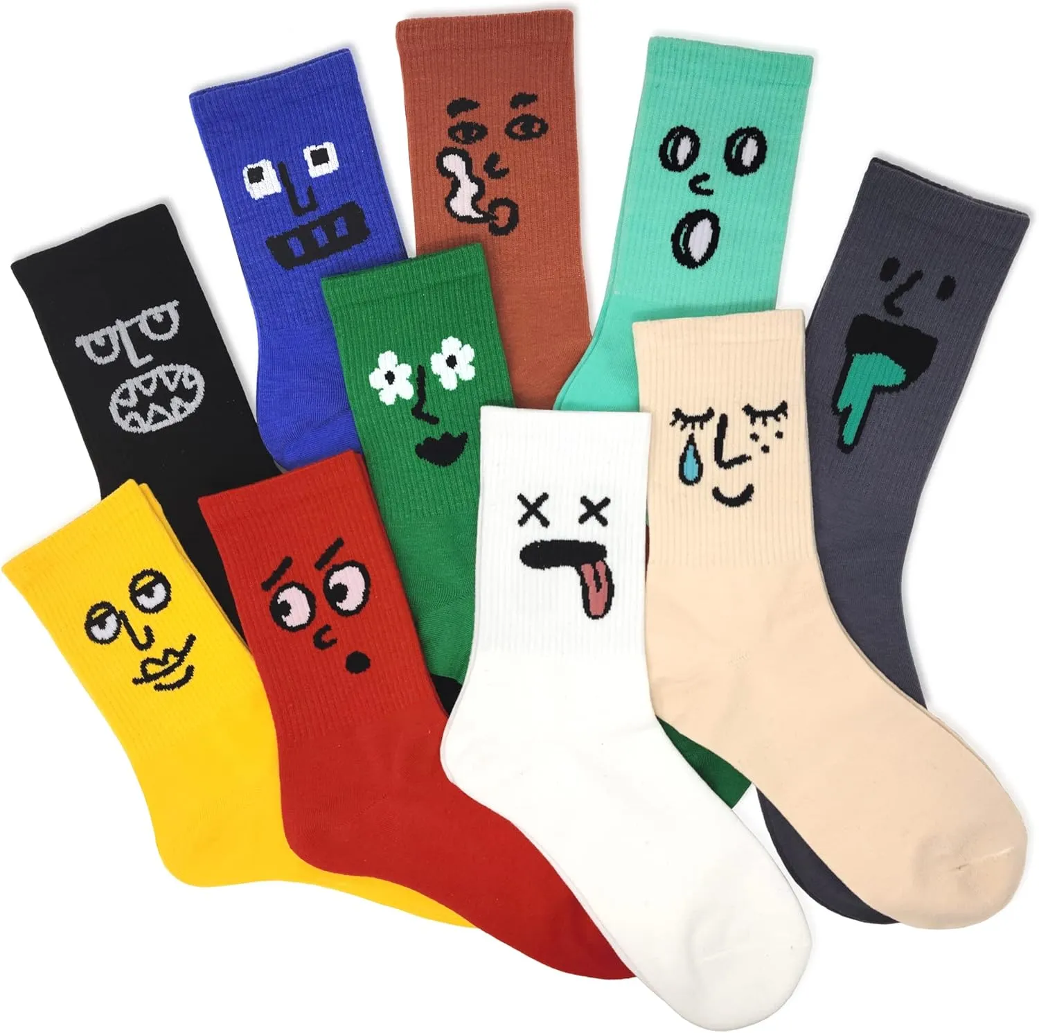 Meloday 10 PACK Crazy Funny Emotion Crew Socks Soft Cotton - 10 different fun designs and color per pack