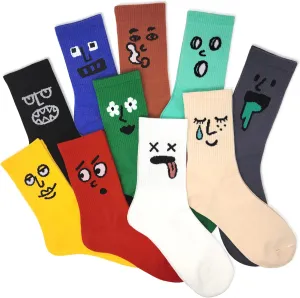 Meloday 10 PACK Crazy Funny Emotion Crew Socks Soft Cotton - 10 different fun designs and color per pack