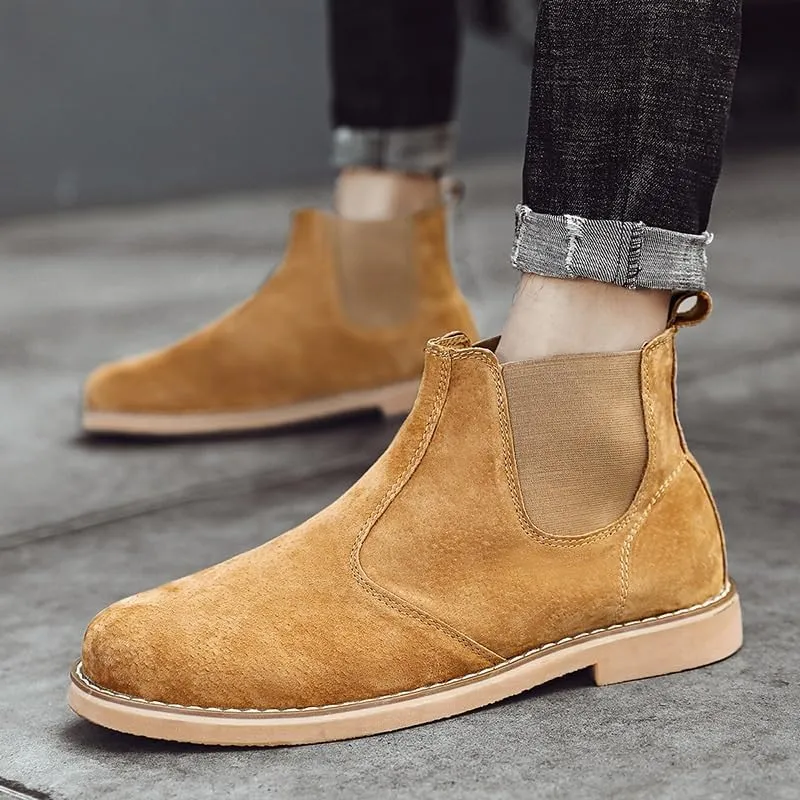 Men's British-Style Slip-on Shoes Mid-top Square-Toed Casual Shoes Height-Enhancing Warm Frosted Soft-Soled Oxford Shoes for Men