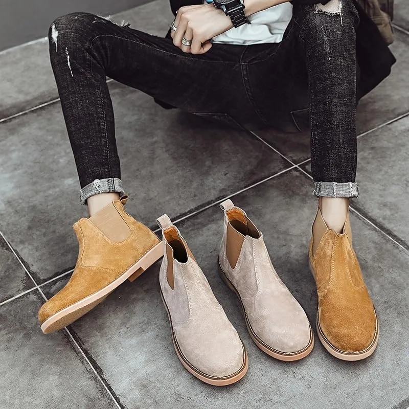 Men's British-Style Slip-on Shoes Mid-top Square-Toed Casual Shoes Height-Enhancing Warm Frosted Soft-Soled Oxford Shoes for Men